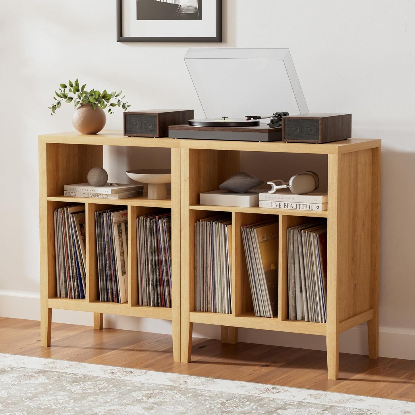 Record Player Stand with Vinyl Record Storage Holds up to 180 Albums, Large Turntable Stand Dispaly Shelf, Farmhouse Wood End Table for Bedroom, Living Room, Natural Oak