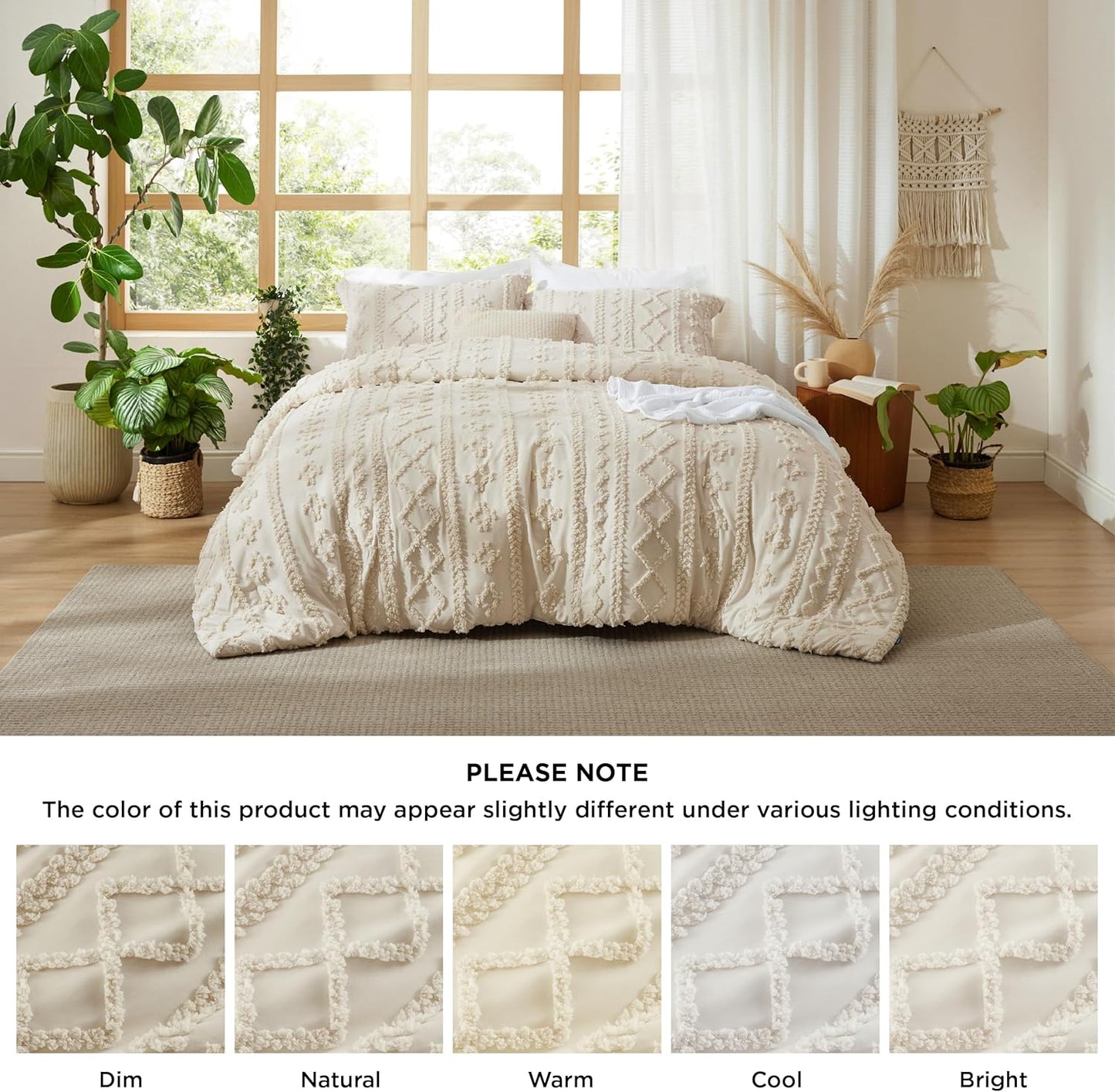 Tufted Boho Comforter Set Queen Size - Beige Boho Bed Set, Gentlesoft™ 3 Pieces Farmhouse Shabby Chic Embroidery Bedding, Gifts for Woman, Soft Jacquard Queen Comforter for All Seasons