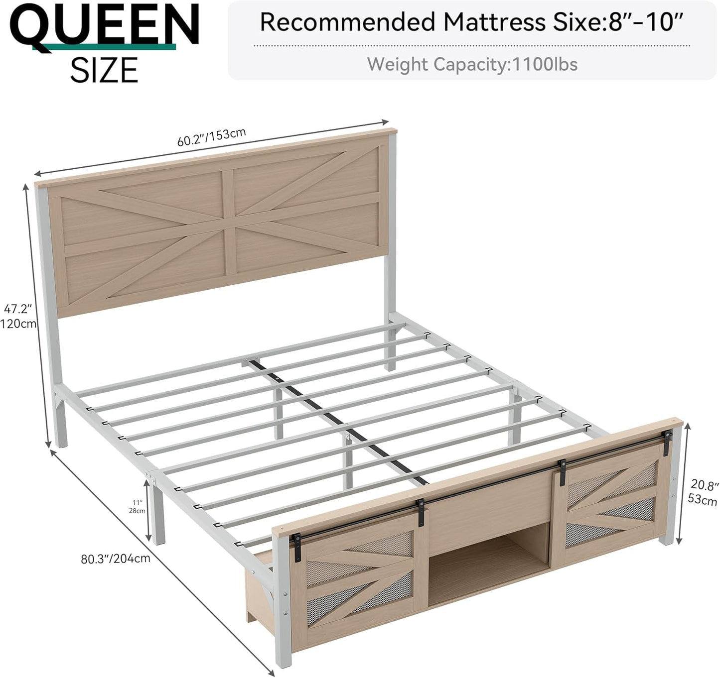 Queen Size Farmhouse Bed Frame with Sliding Barn Door Storage Cabinets, Platform Bed Frame with 47.2" Headboard, Solid Metal Slats Support, Noiseless, No Box Spring Needed, Oak