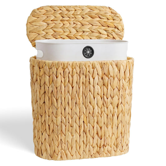 3 Gallon Wicker Trash Can, Bathroom Trash Can with Lid, Narrow Natural Water Hyacinth Waste Basket with Removable Liner, Boho Garbage Can for Bedroom, Office, Small Spaces Living Room, Toilet
