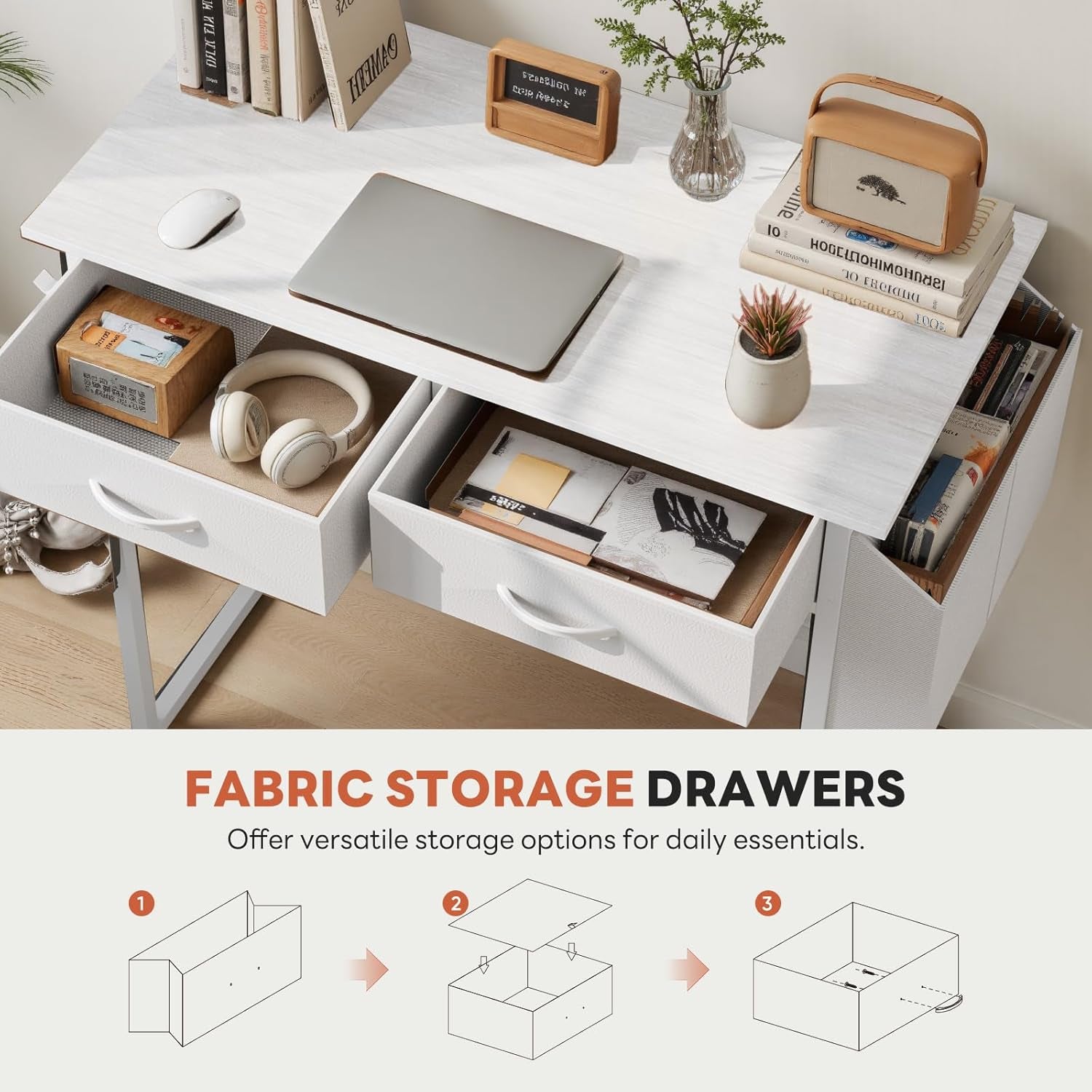 32" Home Office Computer Desk with Drawers, Small Gaming Writing Study Table with Storage Side Bag, Headphone Hook and Adjustable Feet for Bedroom White