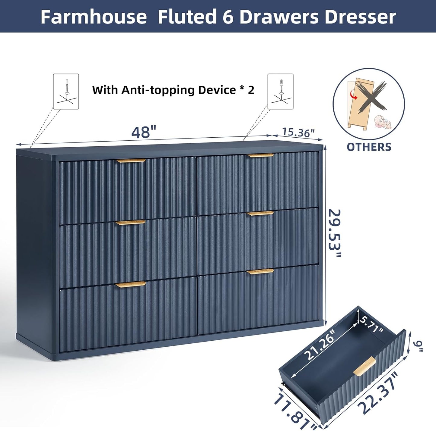Fluted 6 Drawers Dresser for Bedroom, 48" Wide Modern Chest of Drawers with Metal Handle, Navy Blue Curved Profile Farmhouse Closet Organizer Wood Dressers TV Stand for Living Room, Hallway