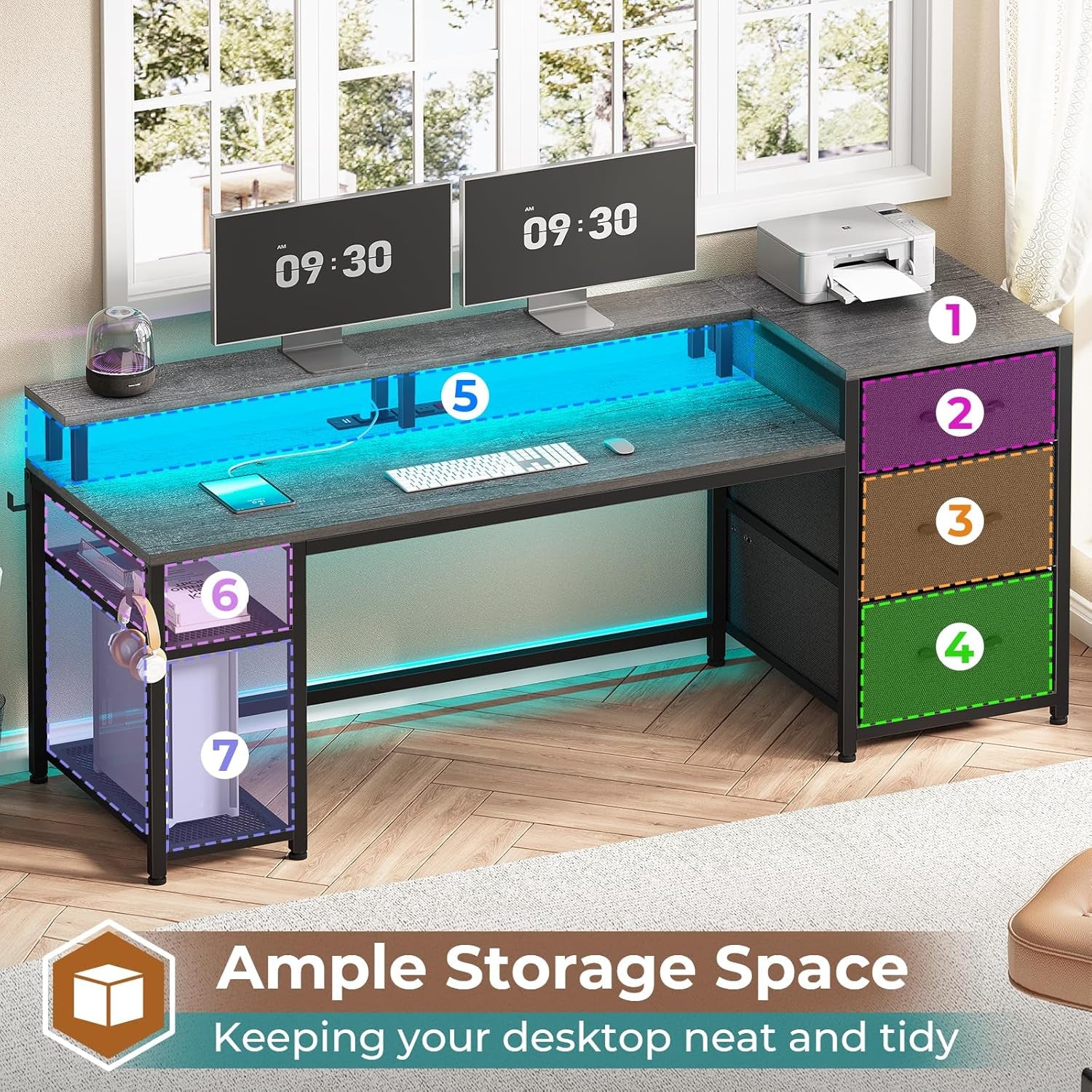 59" Office Desk with File Drawers, Reversible Computer Gaming Desk with Storage, LED Lights & Power Outlet, Home Office Desks for Printer, Grey