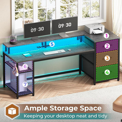 59" Office Desk with File Drawers, Reversible Computer Gaming Desk with Storage, LED Lights & Power Outlet, Home Office Desks for Printer, Grey