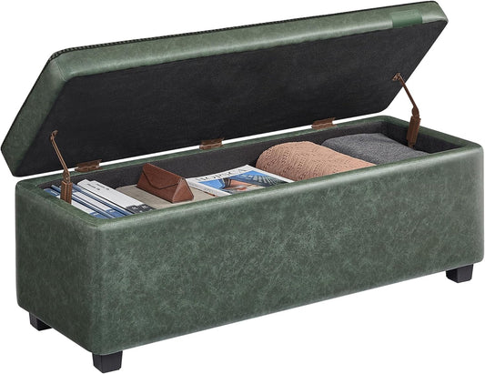 EKHO Collection - Storage Ottoman Bench, Entryway Bedroom Bench, 25 Gallons, Synthetic Leather with Stitching, Mid-Century Modern, Safety Hinges, Loads 660 Lb, Forest Green ULOM075C01