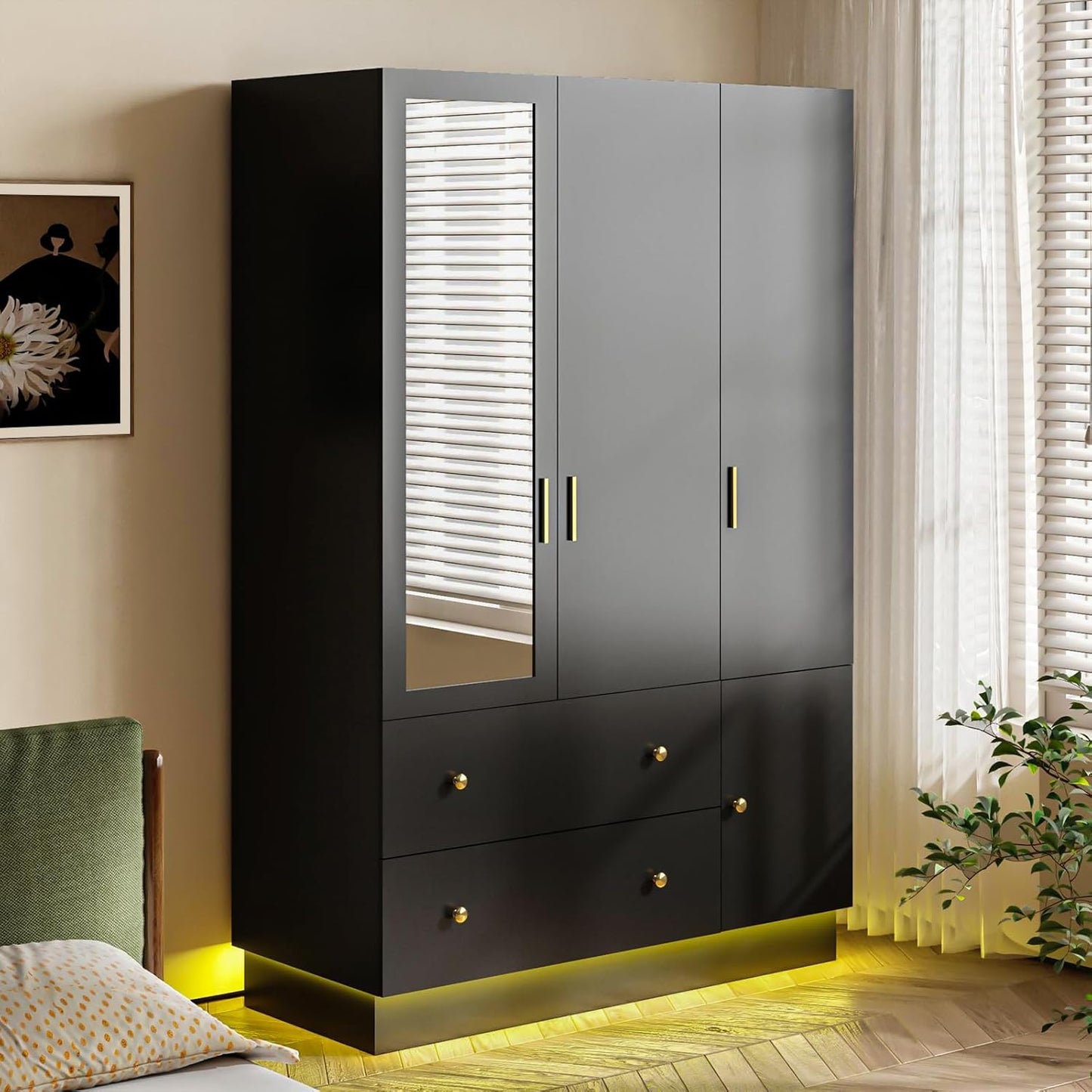 3 Doors Armoire Wardrobe Closet with Mirror & Organizers, LED Wooden Bedroom Armoires with Hanging Rod for Bedroom, Black