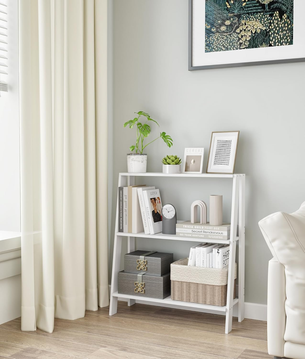 3-Tier Ladder Bookshelf, Bathroom Shelf Freestanding, Small Bookshelf with Storage, Display Stand for Home Office, Living Room, Kitchen, Bedroom, Bathroom, White