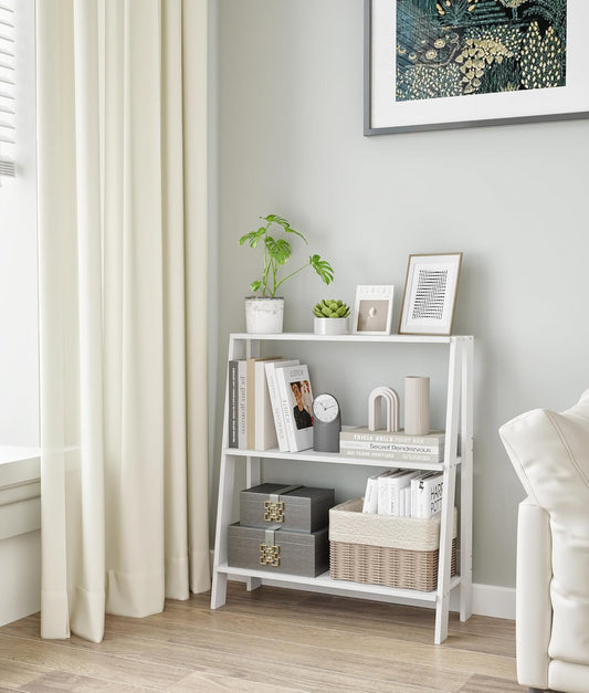 3-Tier Ladder Bookshelf, Bathroom Shelf Freestanding, Small Bookshelf with Storage, Display Stand for Home Office, Living Room, Kitchen, Bedroom, Bathroom, White