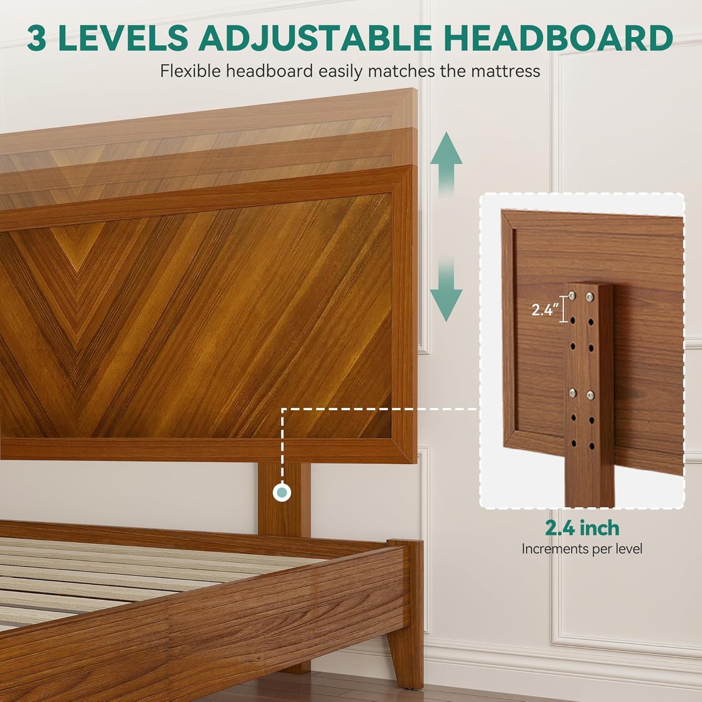 King Size Bed Frame with Adjustable Headboard, Farmhouse Wood Bed Frame with Solid Wood Slats Support, No Box Spring Needed, 12 Strong Wood Slat Support, Easy Assembly, Rustic Brown