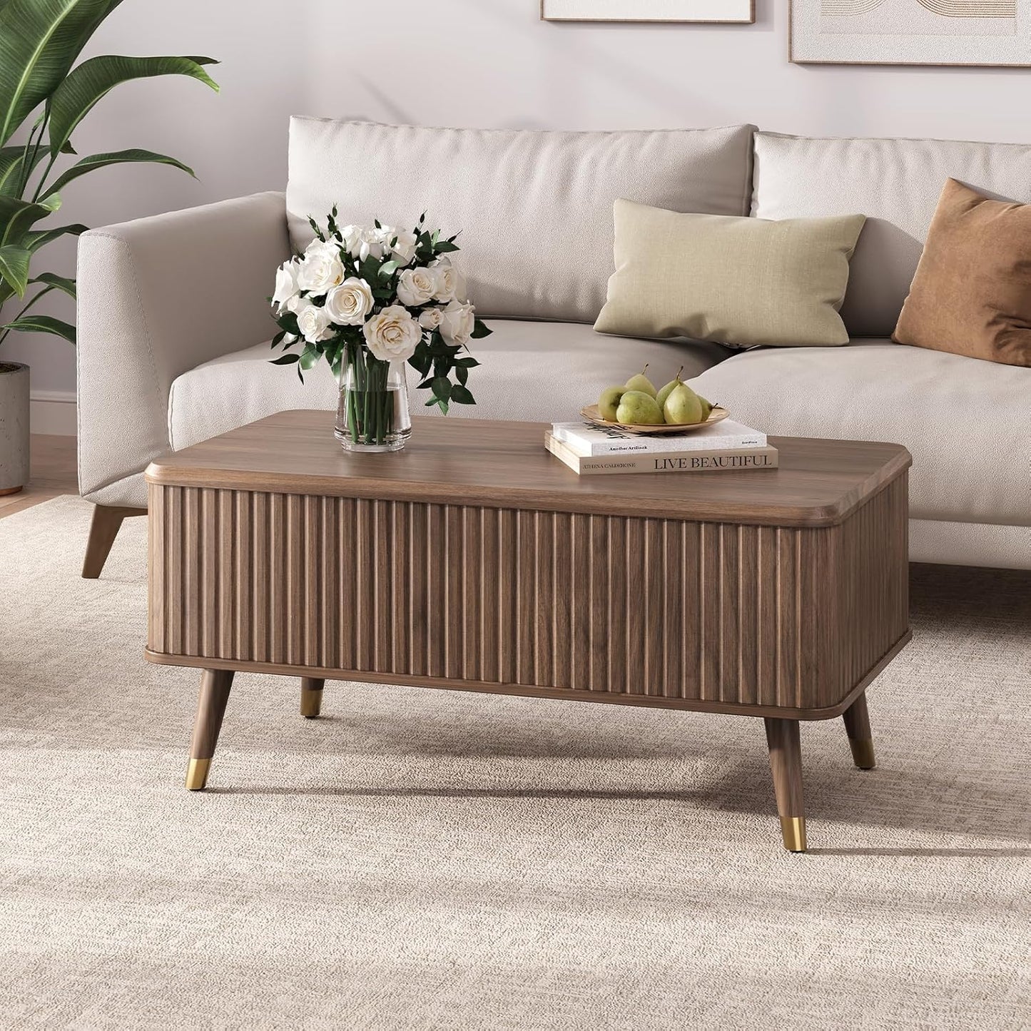 Lift Top Coffee Table with Storage Shelf & Hidden Compartment, Mid Century Modern Fluted Rectangle Dining Table for Living Room, Home Office, Walnut