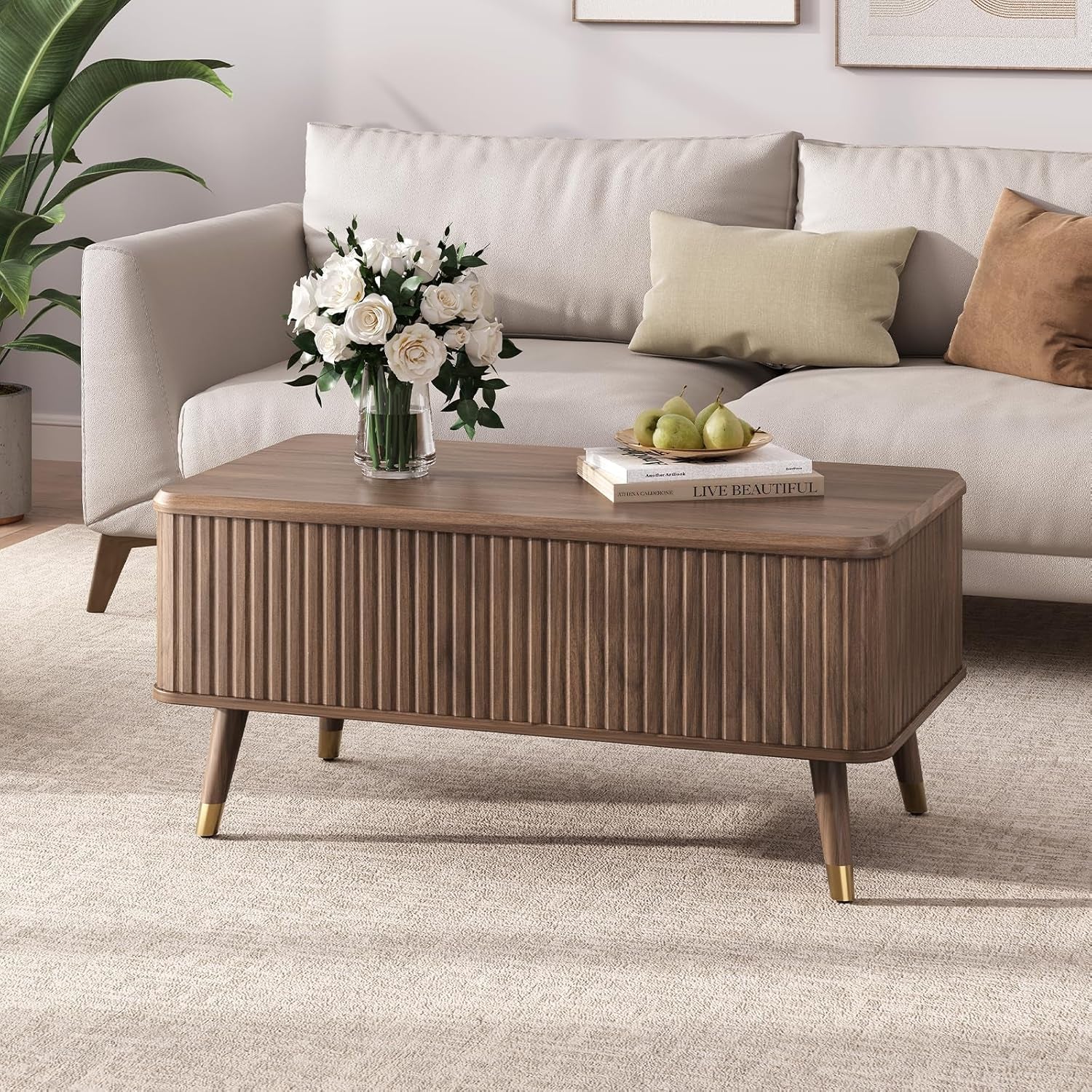 Lift Top Coffee Table with Storage Shelf & Hidden Compartment, Mid Century Modern Fluted Rectangle Dining Table for Living Room, Home Office, Walnut