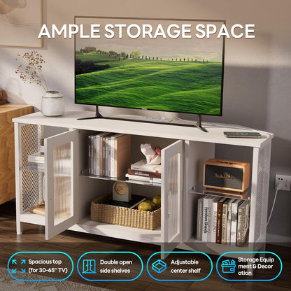 TV Stand with Glass Storage Cabinets and Power Outlet, White TV Stand for 32/45/55 Inch Tvs, Entertainment Center with LED Light for Living Room, 46Inch Small Tv Stand for Bedroom