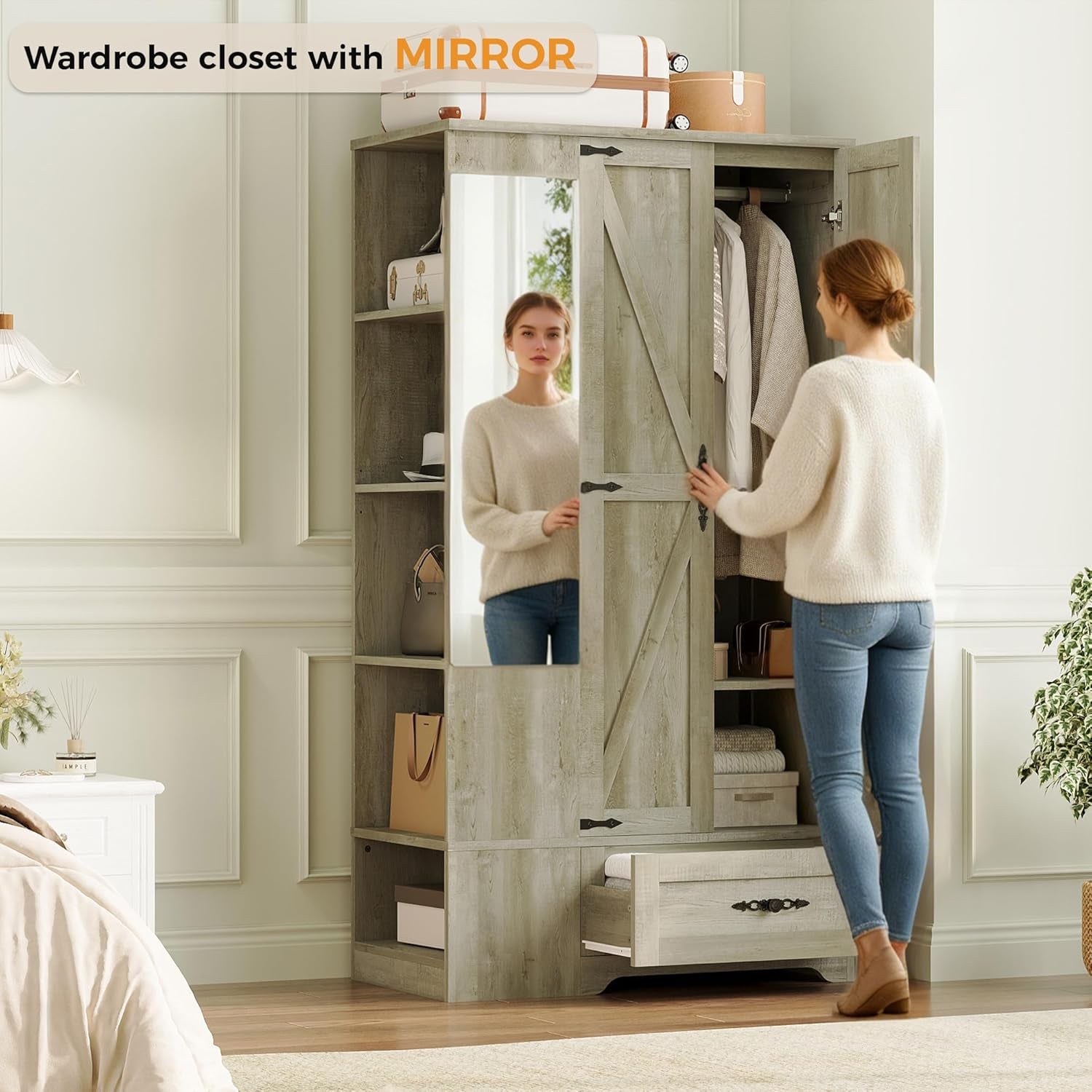 Armoire Wardrobe Closet with Mirror, 70" H Wooden Bedroom Armoires and Wardrobes with 2 Doors, 5 Shelves，Hooks and Drawer, Clothing Storage Cabinet with Hanging Rod, Rustic Maple