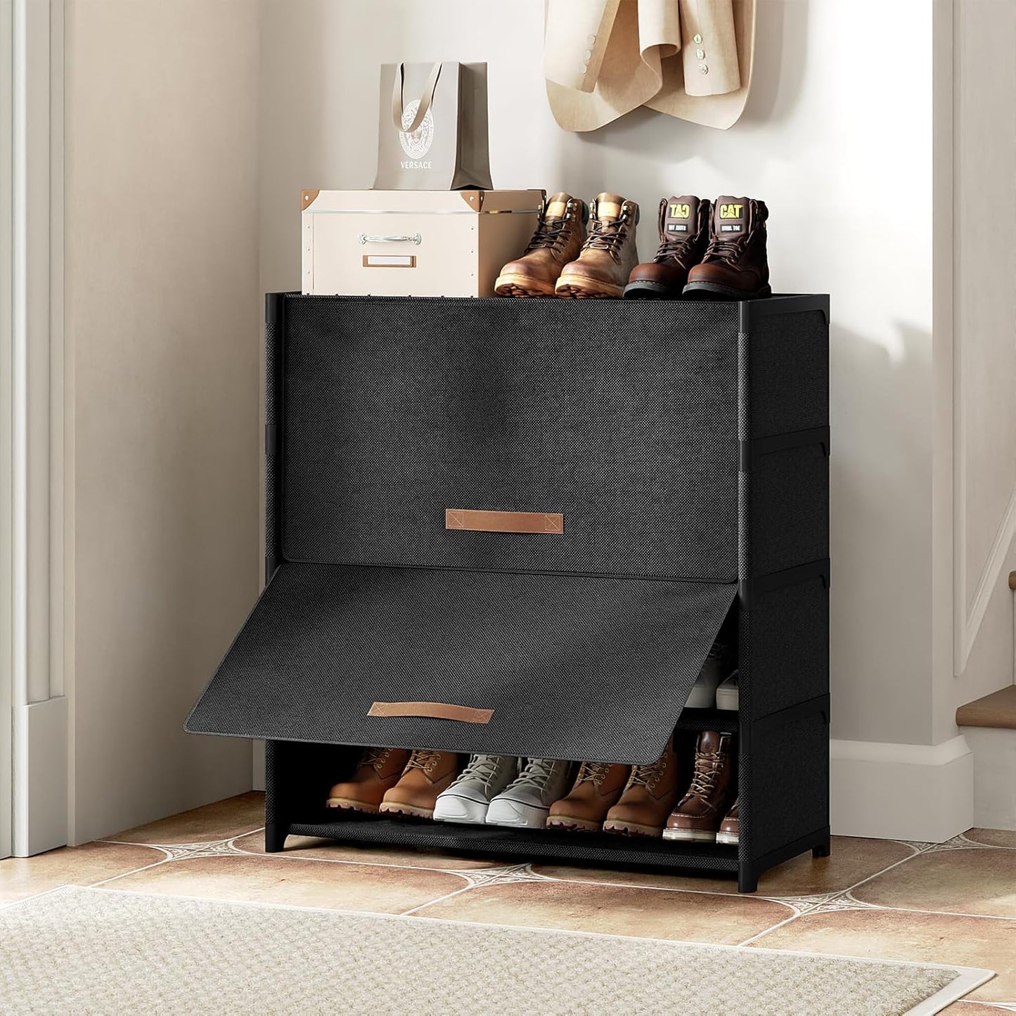 Shoe Rack, 5 Tier Shoe Storage Cabinet with Door 20 Pair Plastic Shoe Shelves Organizer for Closet, Entryway, Hallway, Bedroom, Black