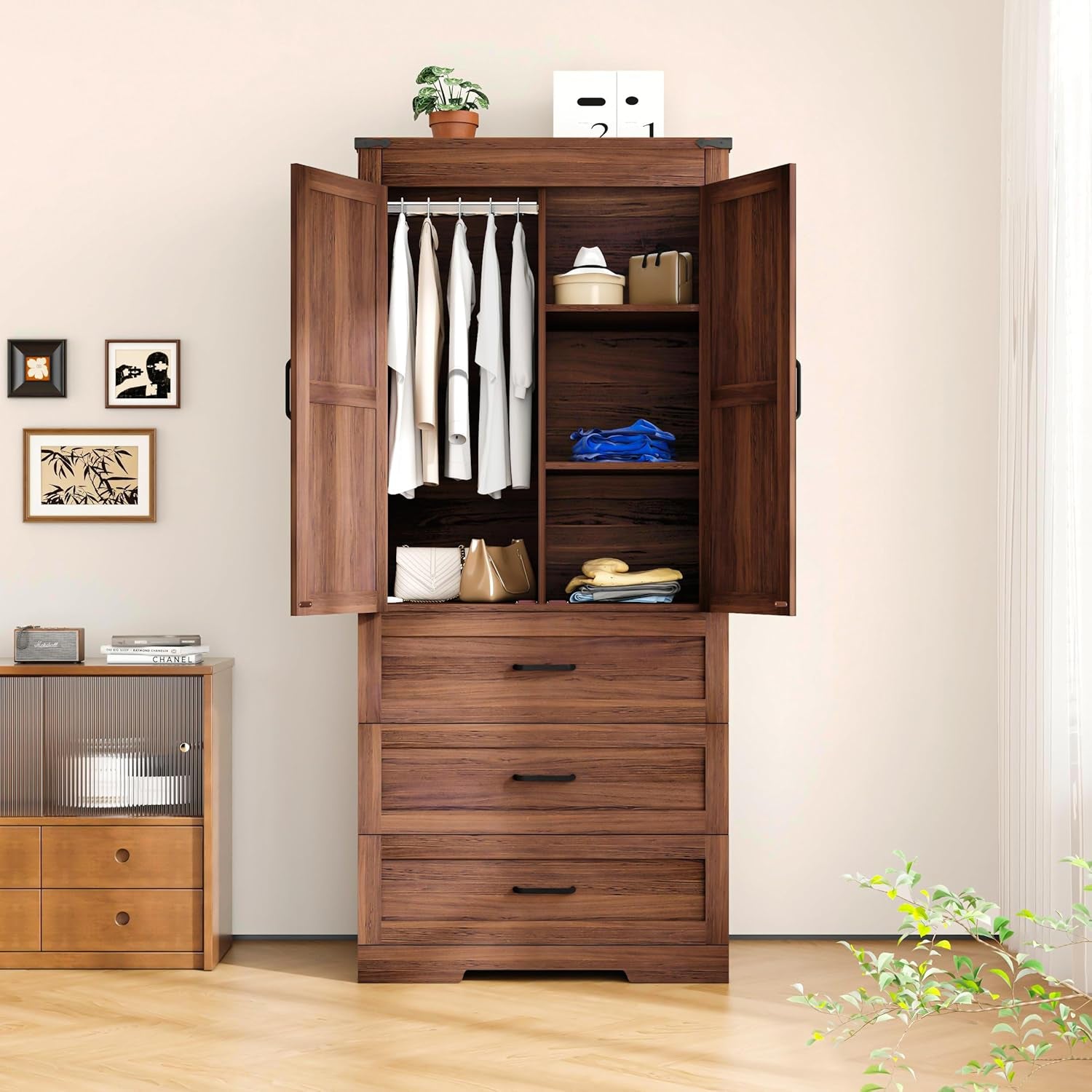 70" Tall Wardrobe Closet with 2 Doors & 3 Drawers, Farmhouse Armoire with Hanging Rod, Wooden Armoire Wardrobe Closet for Bedroom, Freestanding Clothing Storage Cabinet, Brown