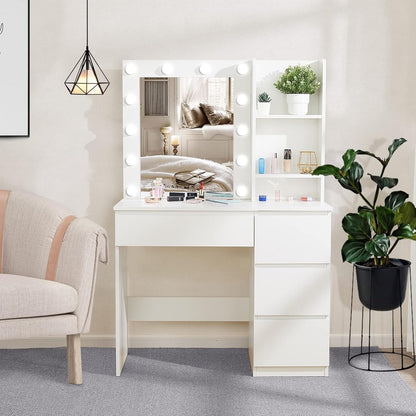 Makeup Vanity with Lights, 37Inch Vanity Desk, 4 Large Drawers Dresser with Lighted Mirror, 3 Lighting Modes Brightness Adjustable, White