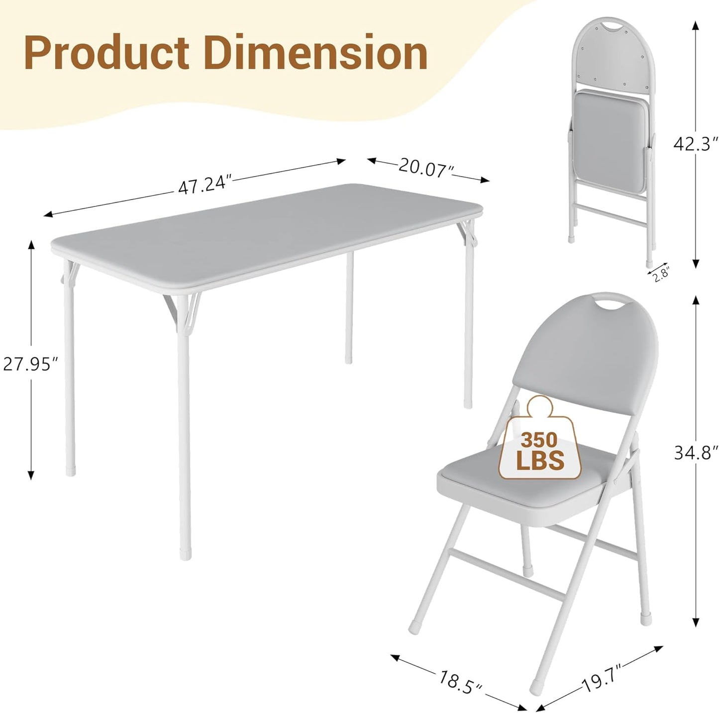 Protable Folding Table and Chairs, 5 Piece Folding Card Table and Chairs Set, Foldable PU Upholstered Table and Chairs Set of 5, for Dining Room, Living Room, Office, Camping, Gray