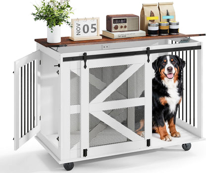 48 Inch XL Dog Crate, Wood XXL Dog Crate Furniture with Wheels, Flip-Top Feeding Door, Removable Divider, Farmhouse End Table Dog Crate with Sliding Barn Door, White