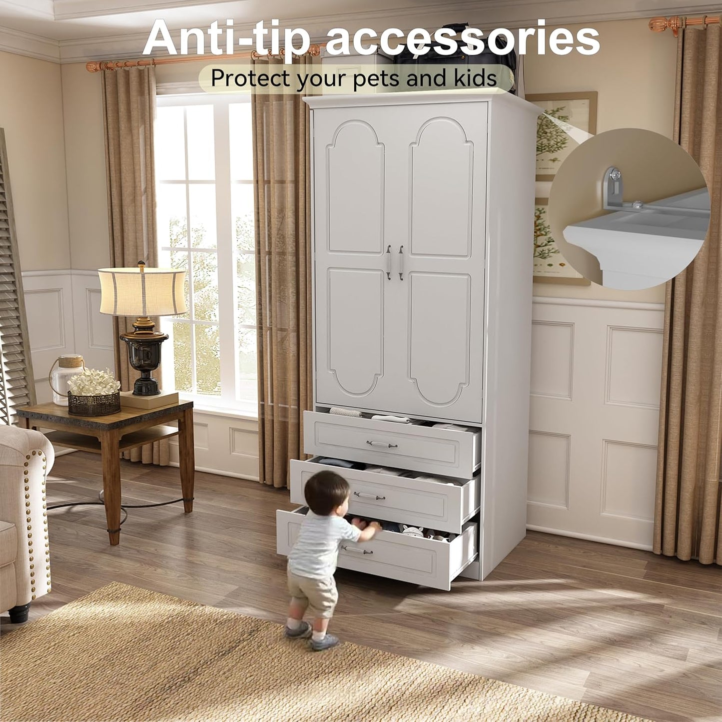 Armoire Wardrobe Closet with 3 Drawers and LED Light 72" Wooden Bedroom Armoire with 2 Doors and Retro Ceramic Door Handles Modern Wardrobe Cabinet with Removable Hanging Rod White