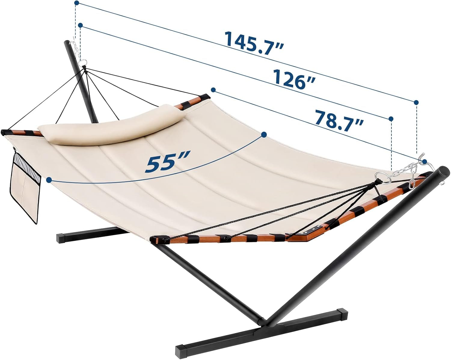12FT 2 Person Hammock with Stand Included 55 X 79IN Large Hammock 450LB Capacity with Hardwood Spreader Bar & Nylon Rope for Outside, Patio, Garden, Backyard, Beach, Poolside - Beige