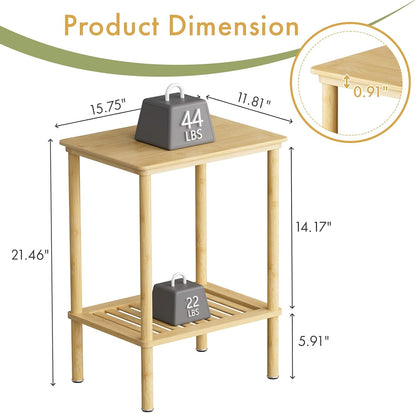 Bamboo Side Table, Small Bedside Table, 2 Tier End Table with Open Shelf, 21.5 Inch Tall Narrow Couch Table, Boho Natural Nightstand, Entryway Table, Accent Table, Home Decor for Living Room, Bathroom