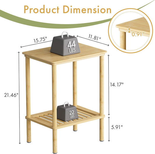 Bamboo Side Table, Small Bedside Table, 2 Tier End Table with Open Shelf, 21.5 Inch Tall Narrow Couch Table, Boho Natural Nightstand, Entryway Table, Accent Table, Home Decor for Living Room, Bathroom