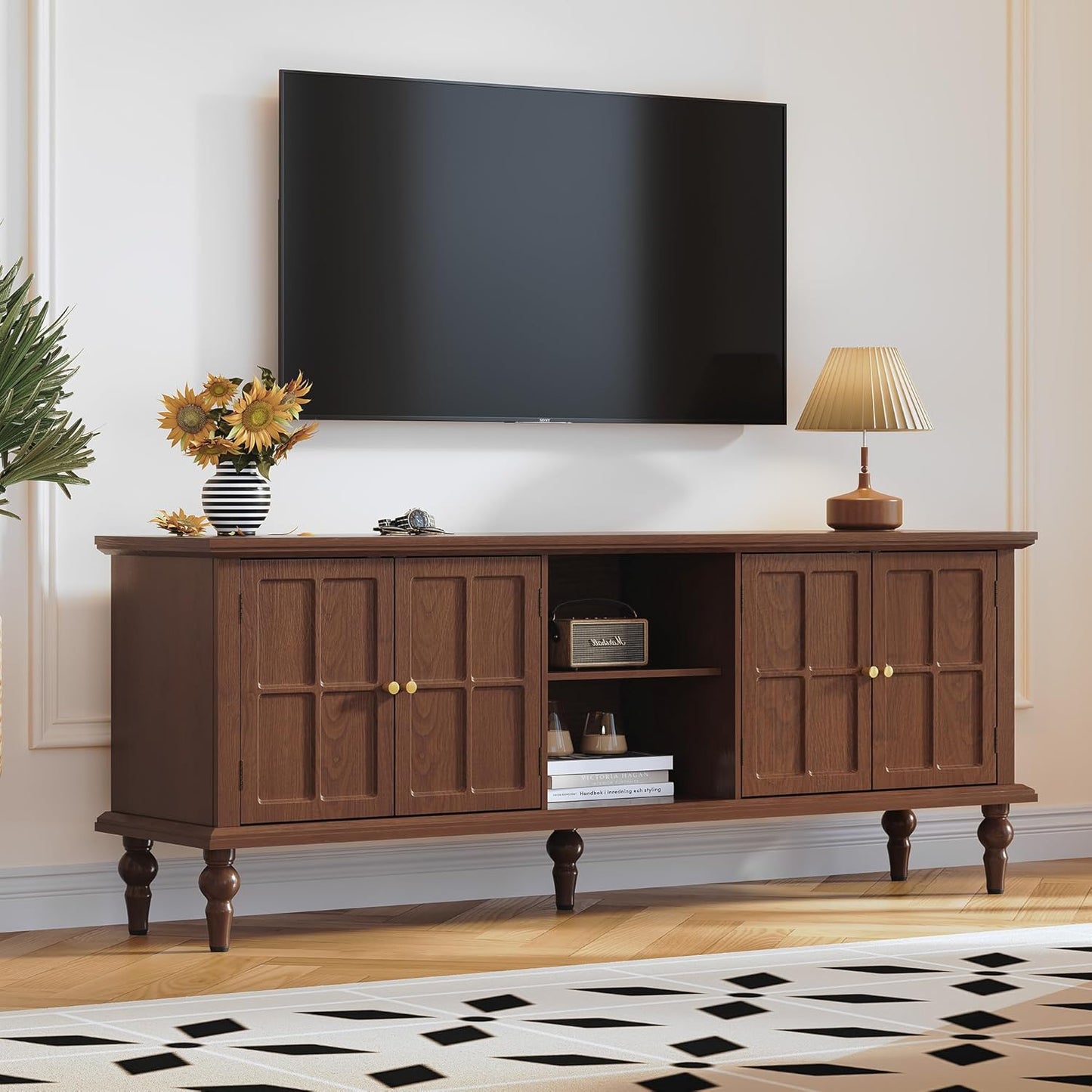 67" Mid Century Modern TV Stand with Window Design,Wood Entertainment Center with Open Shelf,Up to 70" Media TV for Living Room or Bedroom,Walnut