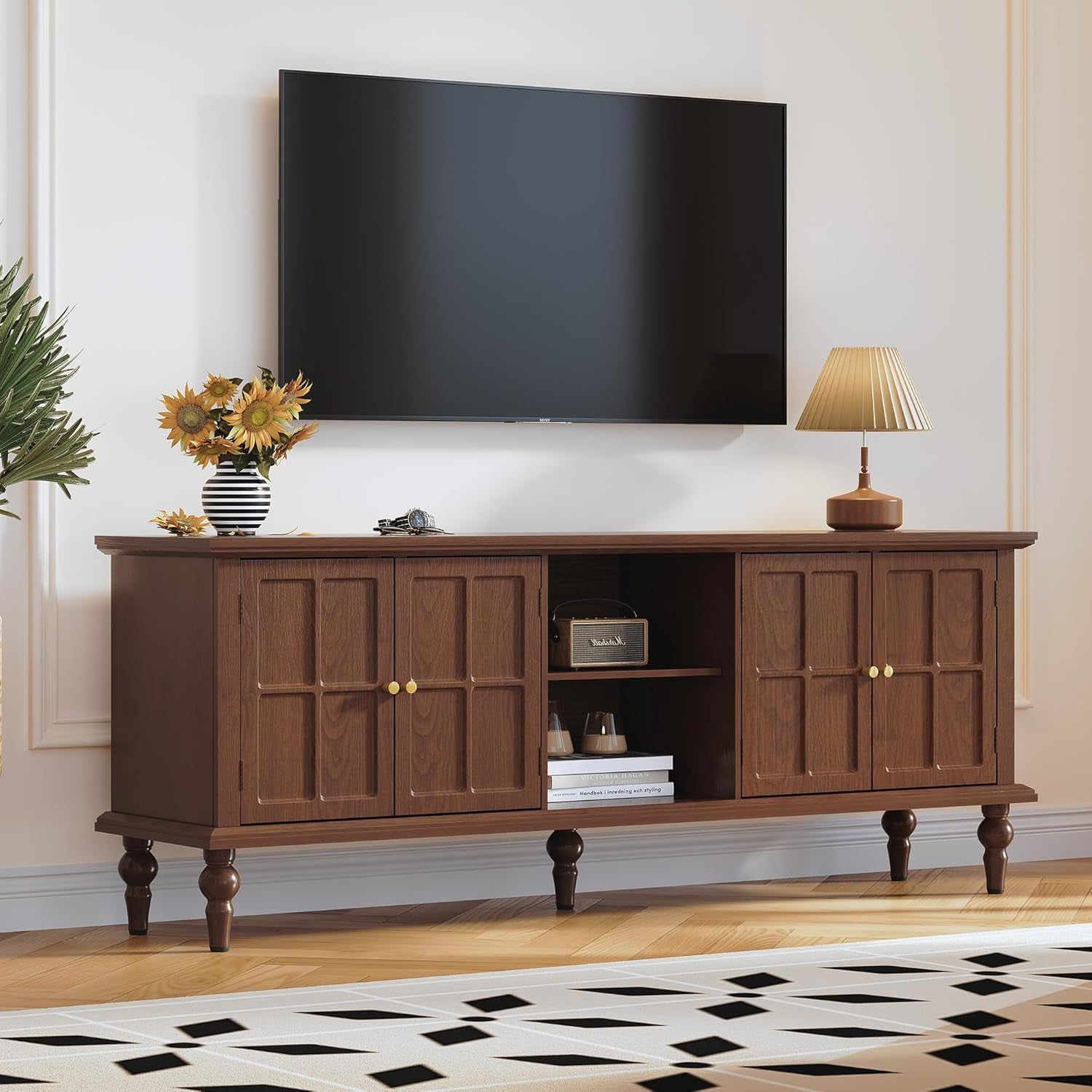 67" Mid Century Modern TV Stand with Window Design,Wood Entertainment Center with Open Shelf,Up to 70" Media TV for Living Room or Bedroom,Walnut