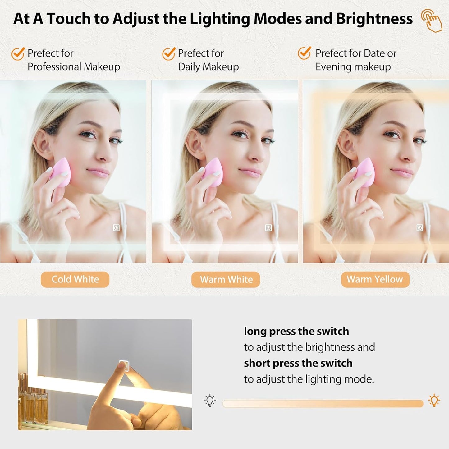 Vanity Desk Table with Lighted Mirror 39.4“ Girls Makeup Vanity with Power Outlet 3 Colors Lighting Adjustable Brightness Vanity Table for Women Bedroom Dressing Room White UBDT65W