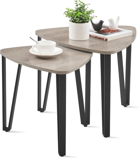 Nesting Coffee Tables, End Tables Set of 2 for Living Room Bedroom, Industrial Small Stacking Side Tables with Metal Frame for Couch, Heather Greige and Black ULET013B02