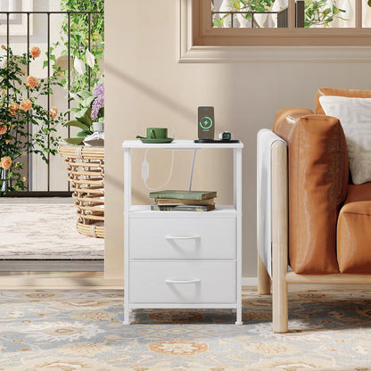 White Nightstand with Charging Station and LED Light for Bedroom, 2 Drawers Dresser with Fabric Bins for Bedside Kids Dorm Room Closet Laundry Entryway, White Leather