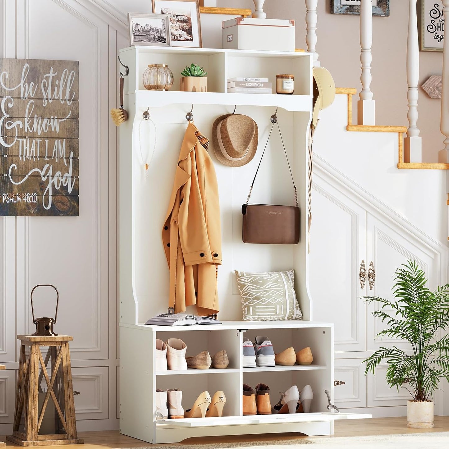 Hall Tree with Bench and Shoe Storage, Entryway Bench with Coat Rack and Shoe Cabinet, Flip-Down Cabinet Door, Coat Rack with Shoe Rack, for Mud Room, White WT84MT01