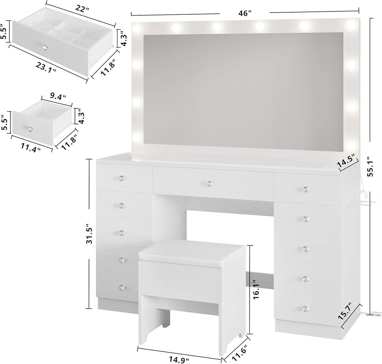46'' Makeup Vanity Set with LED Mirror & Power Outlet - 11 Drawers, Glass Top, Dressing Table with Storage Bench for Bedroom, 3 Lighting Color Adjustable, White