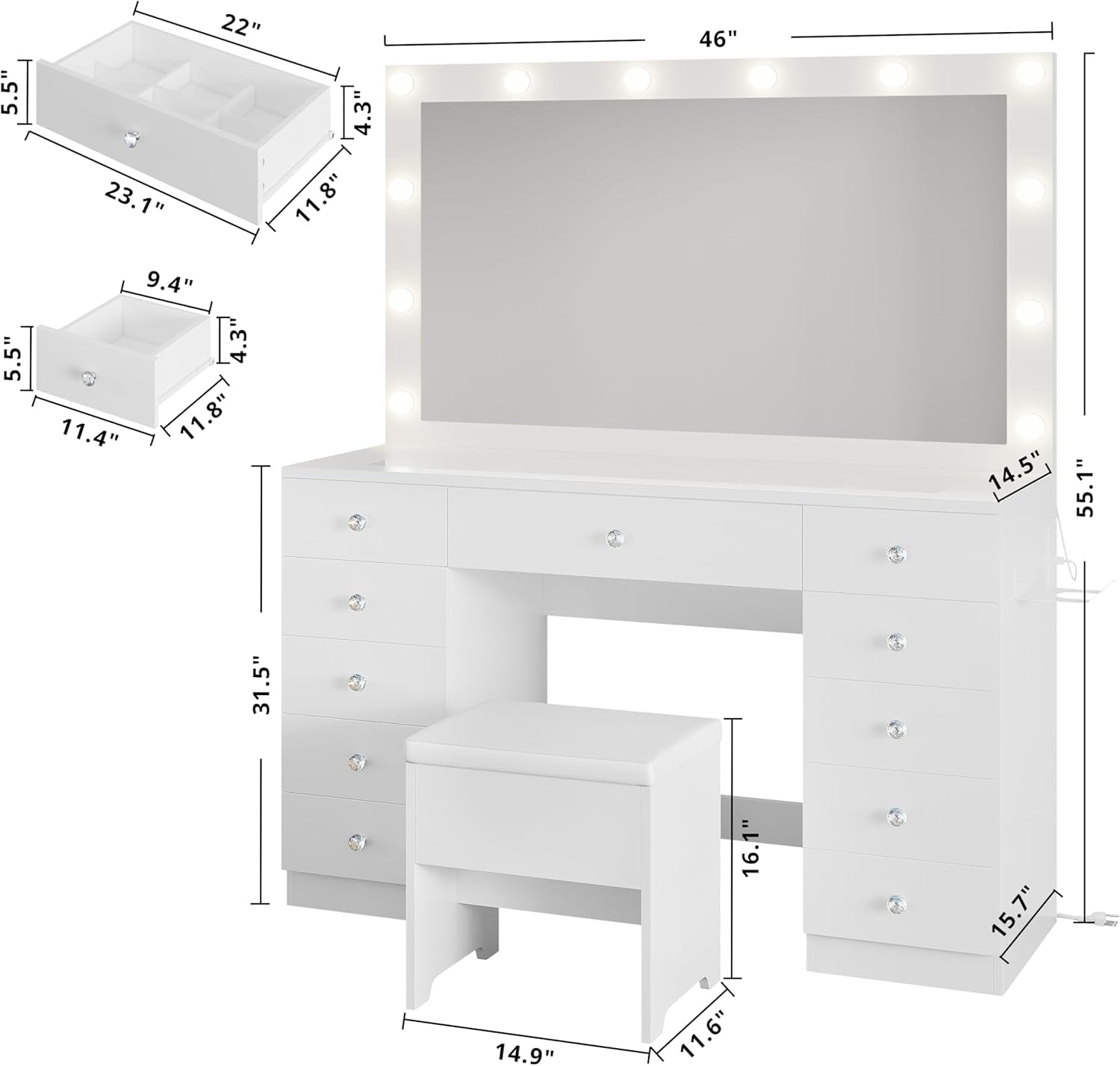46'' Makeup Vanity Set with LED Mirror & Power Outlet - 11 Drawers, Glass Top, Dressing Table with Storage Bench for Bedroom, 3 Lighting Color Adjustable, White