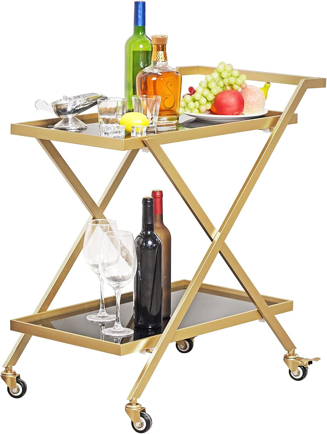 Gold Bar Cart - No Screws Assembly, 2-Tier Snack Cart with 2 Black Tempered Glass Shelves, Portable with 2 Lockable Wheels