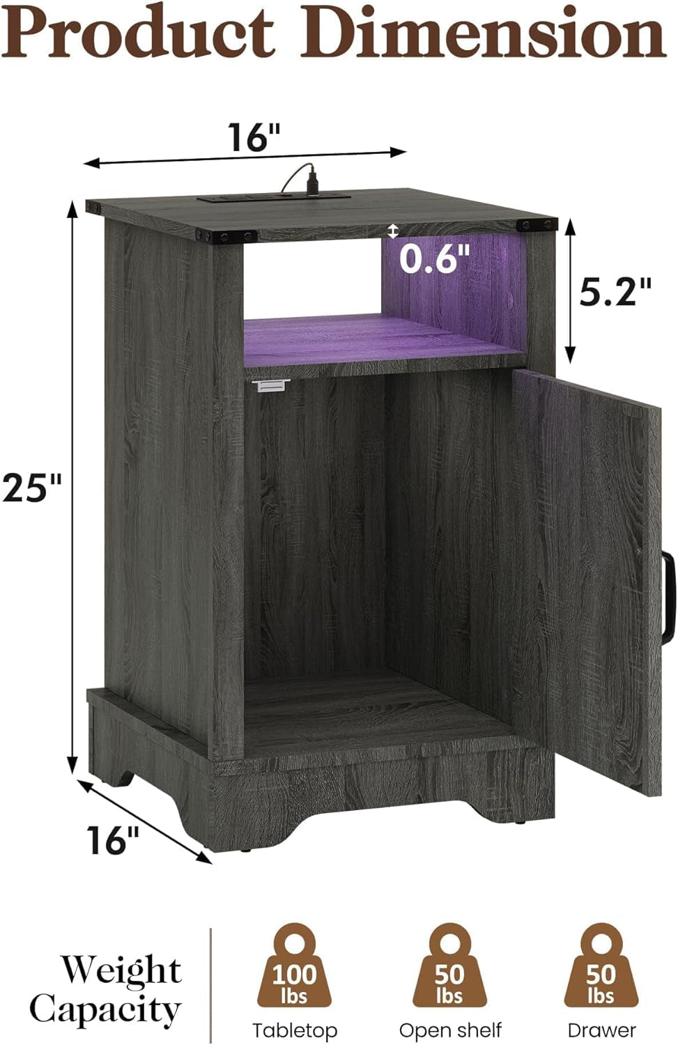 Farmhouse Nightstand, End Table with LED Lights and Charging Station, Tall Bedside Table with Large Storage and Shelf, Wooden Side Table for Bedroom, Home Office, Dark Grey