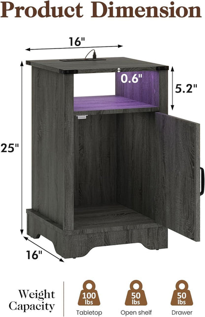 Farmhouse Nightstand, End Table with LED Lights and Charging Station, Tall Bedside Table with Large Storage and Shelf, Wooden Side Table for Bedroom, Home Office, Dark Grey
