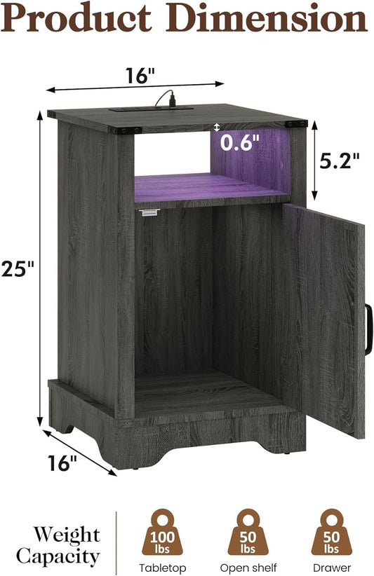 Farmhouse Nightstand, End Table with LED Lights and Charging Station, Tall Bedside Table with Large Storage and Shelf, Wooden Side Table for Bedroom, Home Office, Dark Grey