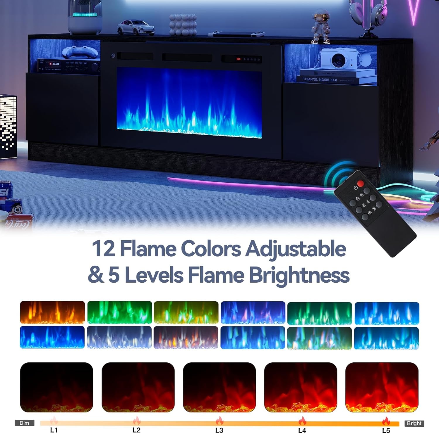 70" Fireplace TV Stand with 36" Electric Fireplace, LED Light Entertainment Center for Tvs up to 80", High-Gloss Door, Modern TV Console for Living Room with Storage Cabinet, Black+Black