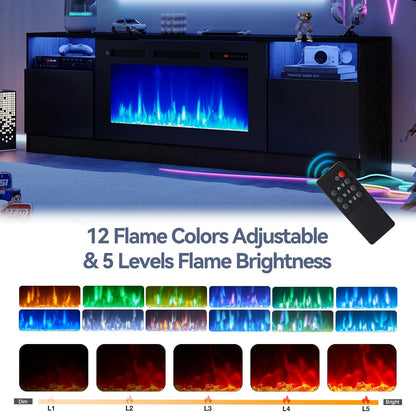 70" Fireplace TV Stand with 36" Electric Fireplace, LED Light Entertainment Center for Tvs up to 80", High-Gloss Door, Modern TV Console for Living Room with Storage Cabinet, Black+Black