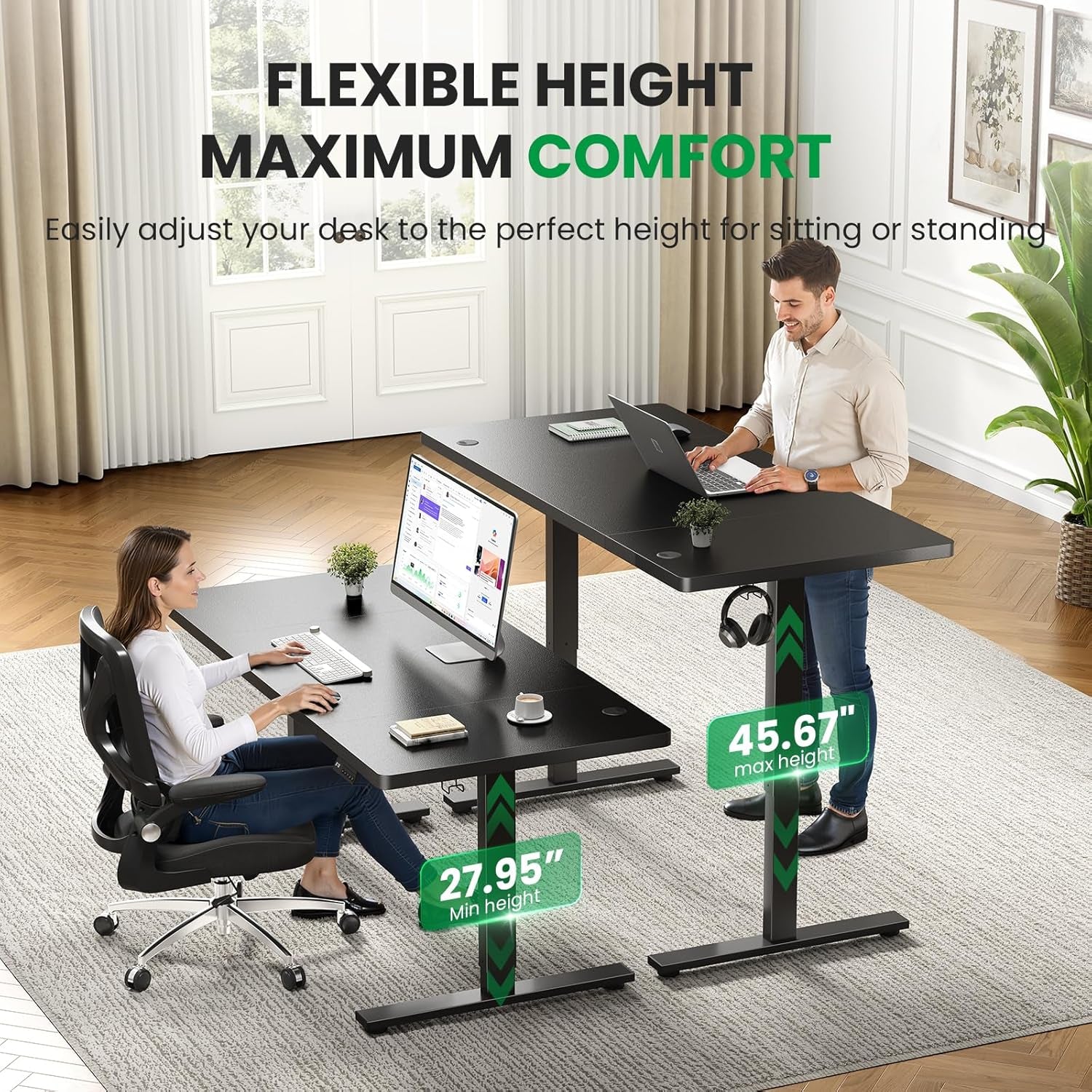 Electric Standing Desk Adjustable - 60X28 Inch Sit Stand Desk with 1 Inch Thick Tabletop, Double Beam Frame, 3 Memory Height Adjustment, Cable Management for Home Office