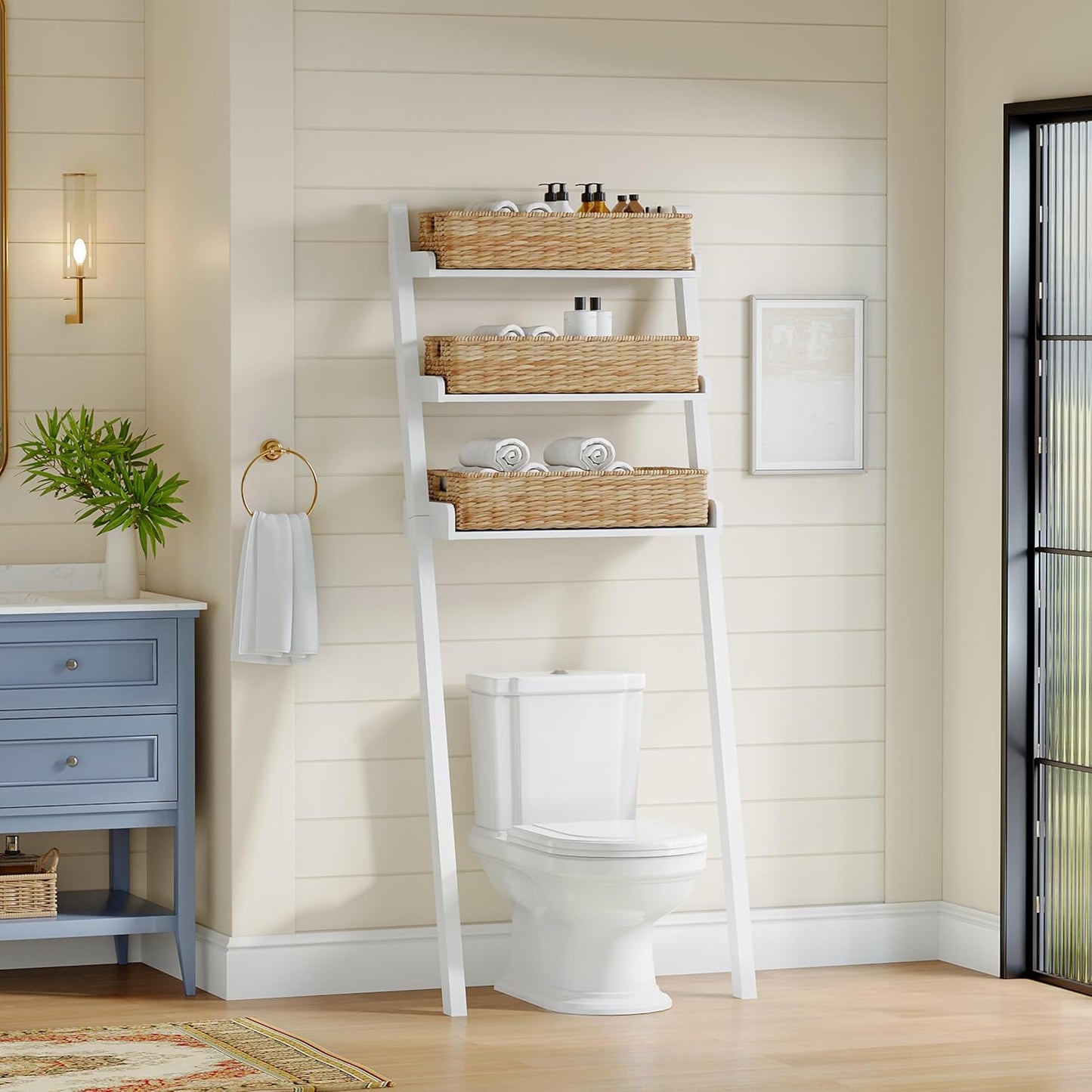 Over the Toilet Storage Ladder,Freestanding 3-Shelves over the Toilet Organizer,Toilet Bathroom Organizer Space Saver,Engineered Wood(White)