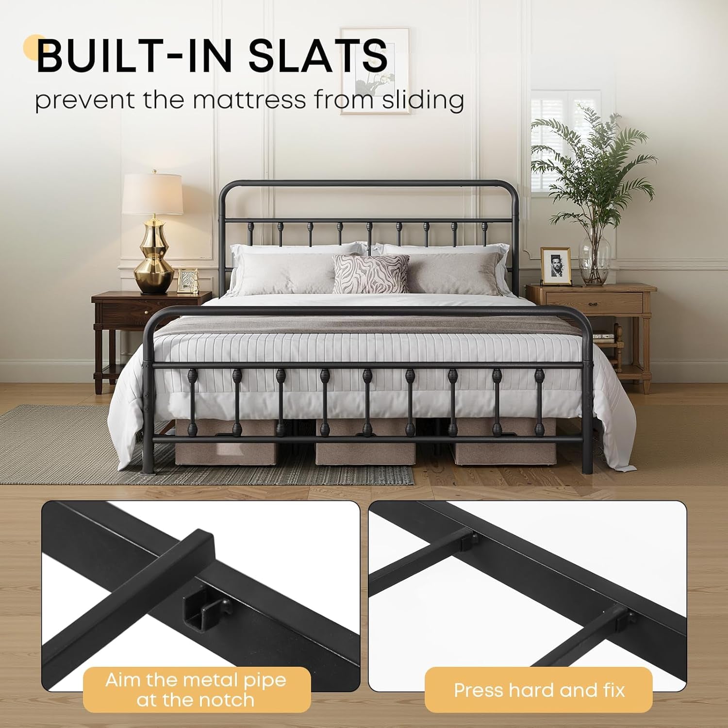 Queen Bed Frame-Classic Metal Platform Bed Frame Mattress Foundation with Victorian Style Iron-Art Headboard/Footboard/Storage Space/No Box Spring Needed/Black