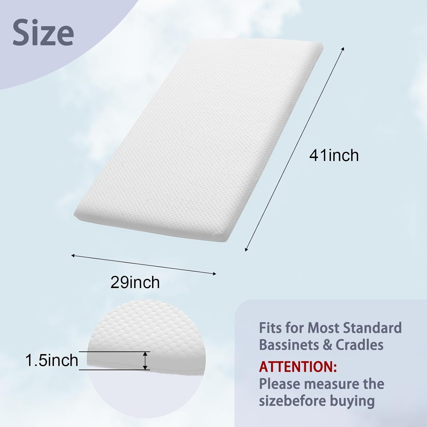 Lisara Bassinet Mattress, 41" X 29" Dual Sided Gel Memory Foam Mattress with Waterproof, Removable and Breathable Ice Silk Cover, Fit for 4Moms Breeze plus Portable Playard