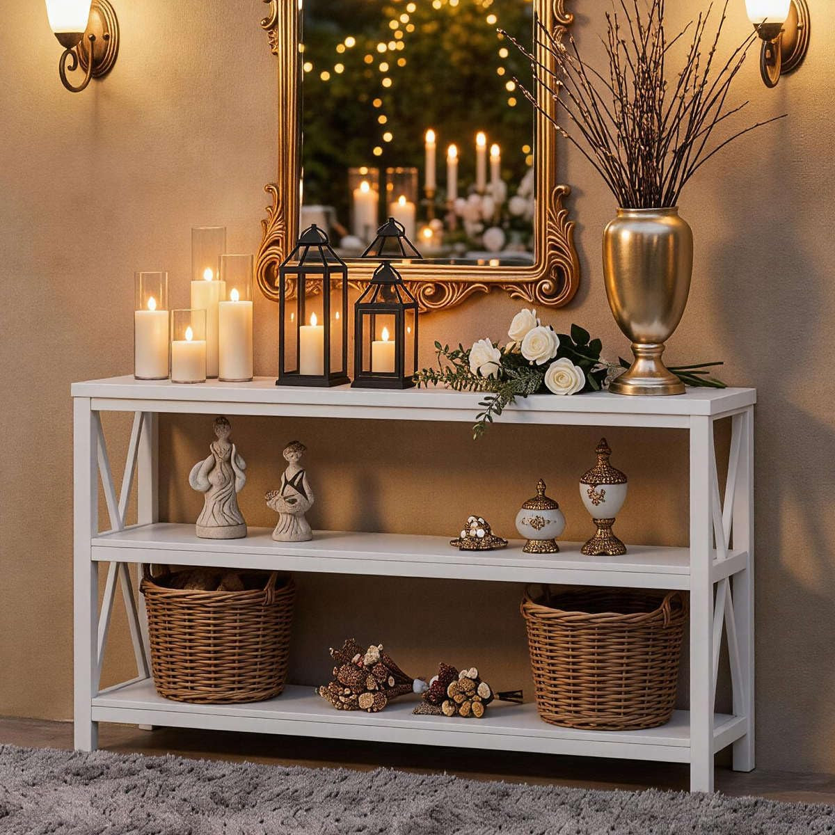 Console Table for Entryway, Long Sofa Table with 3 Tier Shelves, Modern White Hallway Tables for Living Room (55 Inch, White Oak)