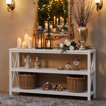 Console Table for Entryway, Long Sofa Table with 3 Tier Shelves, Modern White Hallway Tables for Living Room (55 Inch, White Oak)