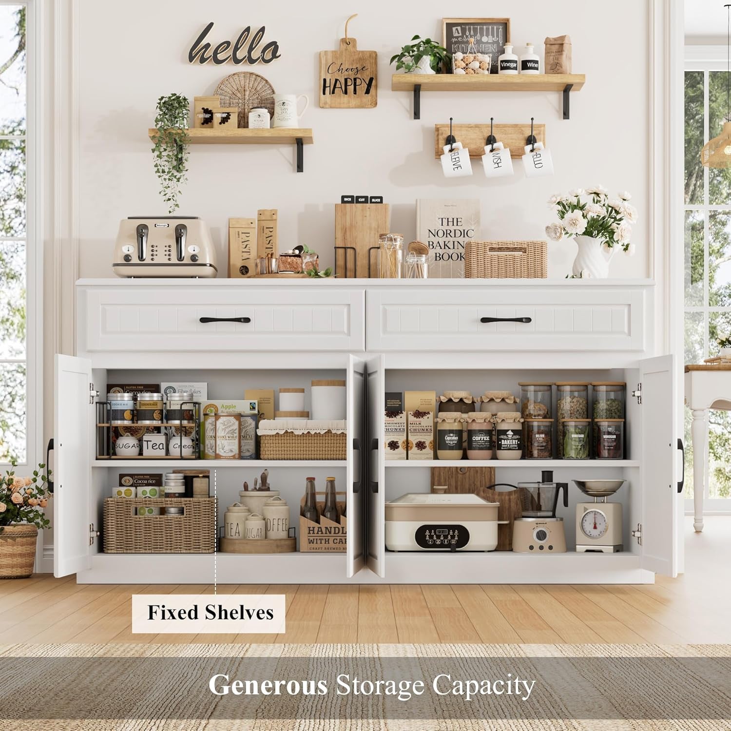 63" Large Sideboard Buffet Cabinet with Storage, Modern Coffee Bar Cabinets with Drawers, Long Kitchen Sideboard Buffets Table for Living Room, Wide Wood Kitchen Buffet Storage Cabinet, White