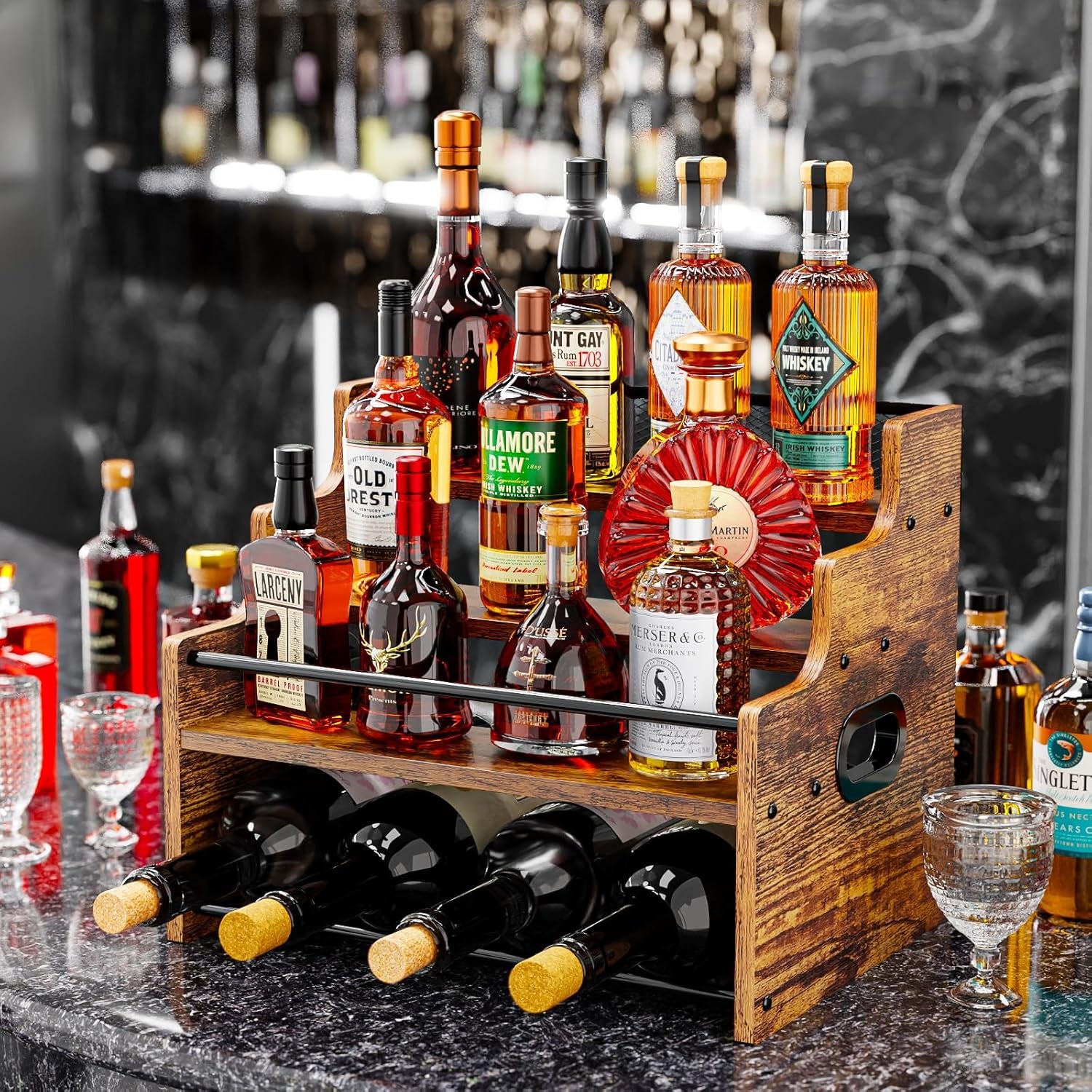 4-Tier Wood Display Shelf, Black Modern Bottle Organizer, Countertop Bar Stand for Liquor, Coffee Syrup, (Brown)