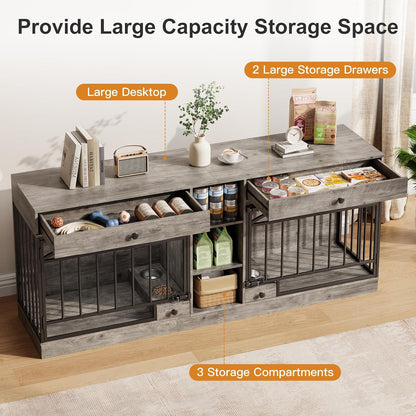 Dog Crate Furniture for 2 Dogs, Dog Kennel Indoor with Storage and Feeding Bowls, Double Dog Crate TV Stand for Small Medium Dogs, Grey