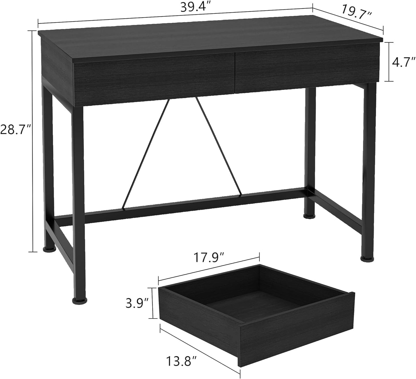 Small Computer Desk with Drawers, 39.4 Inch Home Office Desks with Storage, Simple Modern Kids Desk, Vanity Desk for Bedroom, Work Study Writing Desk Table for Small Spaces (Black, Wooden)